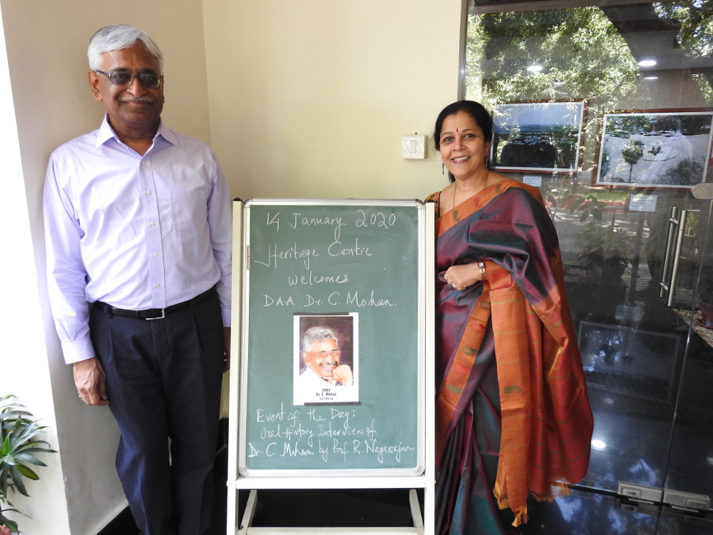 Distinguished Alumni Awardee Dr. C. Mohan and his wife Mrs. Kalapana Mohan at the entrance of the Heritage Centre.