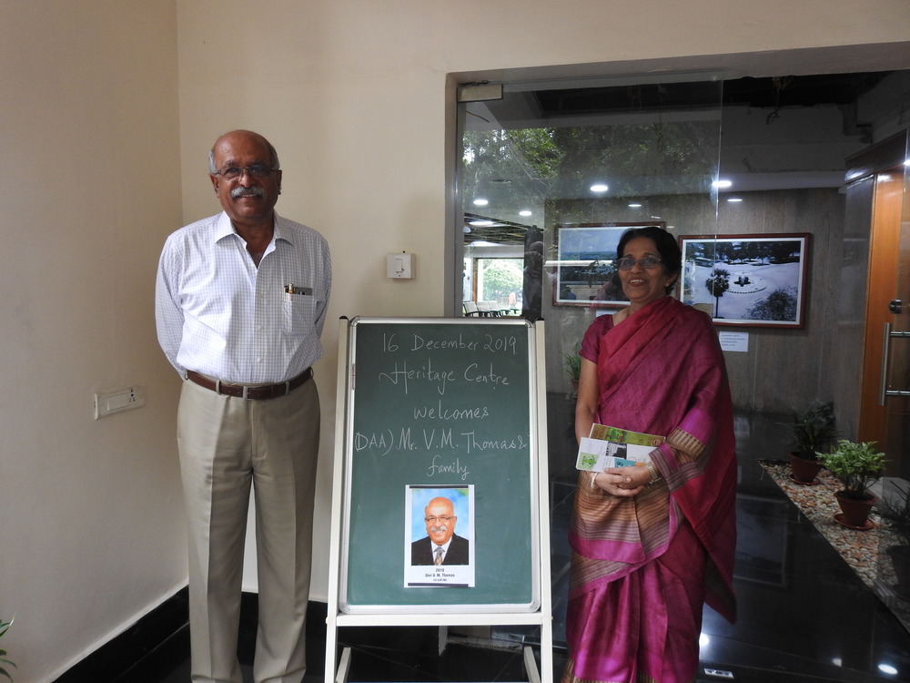 Distinguished Alumni Awardee Mr. V.M. Thomas and his wife Mrs. Elizabeth at the entrance of the Heritage Centre.