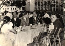 Dr. Emil Lehnartz in conversation over refreshments, 1968