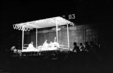 Pandit Ravishankar performing on stage with other renowned musicians during Mardi Gras ’83