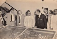 Prof. Sengupto uses a three-dimensional model to explain the development of the IIT Madras campus to Mr. Walter Scheel and visitors in 1963