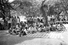Students watching an outdoor event at Mardi Gras, 1983