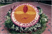 Floral representation of the IIT Madras logo at the Student Activities Centre, 36th Convocation, 1999