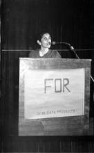 A student participating in the debate competition at Mardi Gras, 1983