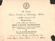 The invitation card for the inauguration of the High Vacuum Techology course, 1968