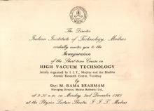 The invitation card for the inauguration of the High Vacuum Techology course, 1968