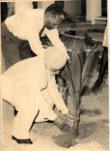 Sardar Ujjal Singh plants a sapling to mark the inauguration of Alakananda hostel, 1966