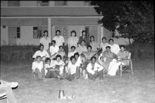 Students pose for a group photograph during an event at Jamuna Hostel, 1983-84