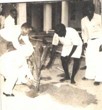 Sardar Ujjal Singh plants a tree in the newly inaugurated Alakananda Hostel, 1966 
