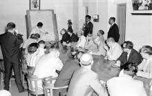 Prof. B. Sengupto explains the Institute map to the gathering, 1963