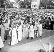 The academic procession enters the Open Air Theatre at the second convocation, 1965