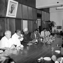 Discussions over tea. From the right Prof. W. Koch, Mr. V. R. Nedunchezhiyan, Dr. A. L. Mudaliar and others, 1967