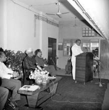 Mr. V. R. Nedunchezhiyan addresses the audience during the release of the Journal of Mathematical and Physical Sciences as Prof. S. D. Nigam, Dr. A. L. Mudaliar and Prof. B. Sengupto look on, 1967