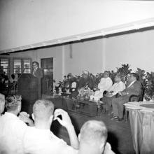 Prof. B. Sengupto addresses the audience during the release of the Journal of Mathemetical and Physical Sciences as Dr. A. L. Mudaliar, Mr. V. R. Nedunchezhiyan and Prof. S. D. Nigam look on, 1967