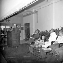 Dr. A. L. Mudaliar addresses the audience during the release of the Journal of Mathematical and Physical Sciences in 1967. On the dais, from left: Prof. B. Sengupto, Director, Mr. V. R. Nedunchezhiyan and Prof. S. D. Nigam