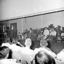 A gentleman addresses the audience during the release of the Journal of Mathematical and Physical Sciences as Prof. B. Sengupto, Dr. A. L. Mudaliar, Mr. V. R. Nedunchezhiyan and Prof. S. D. Nigam look on, 1967