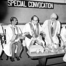 The distinguished guests on the dais at the special convocation ceremony