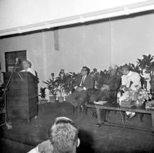 Prof. S. D. Nigam, Head of Mathematics Department, addresses the audience during the release function of the Journal of Mathematical and Physical Sciences as Prof. B. Sengupto, Dr. A. L. Mudaliar and Mr. V. R. Nedunchezhiyan look on, 1967