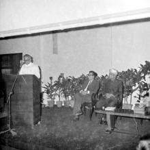 Mr. V. R. Nedunchezhiyan addresses the audience during the release function of the Journal of Mathematical and Physical Sciences as Prof. B. Sengupto and Dr. A. L. Mudaliar look on, 1967