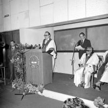 Dr.Hans-Dietrich Genscher addresses the audience at the special convocation