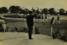 The Nawab of Pataudi, Mansoor Ali Khan salutes the march-past parade from the saluting base, 1964