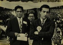 The chief guest on the opening day: the Nawab of Pataudi, Mansoor Ali Khan along with Mr. R. Natarajan and Prof. P. C. Varghese, watching an event in progress, 1964