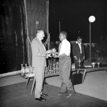 Dr. Karl Pfauter giving away prize to Prof. V. Anantaraman at the Ninth Institute Day celebrations at the Open Air Theatre, 1968