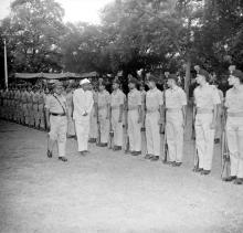 Sir C.V. Raman, escorted by Prof. Rayudu (NCC commander, Department of Mechanical Engineering), inspects the Guard of Honour