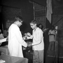 Mr. C. Subramaniam, Minister for Education gives away a prize for winning the Chess Championship to Mr. Chandrasekaran Subramanian at the Second Institute Day, 1961