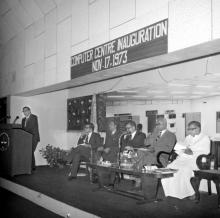 Prof. K. A. V. Pandalai addresses the audience during the inauguration of the Computer Centre, 1973