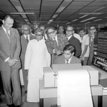 The IBM 3215 console terminal and printer being shown to the distinguished guests during the Computer Centre inauguration, 1973 