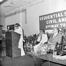 Dr. M. Karunanidhi addressing the audience. Also seen Dr. Karl Pfauter
