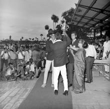 Mrs. Iengar gives away a prize at the Eighth Inter-IIT Sports Meet held in IIT Madras, 1970