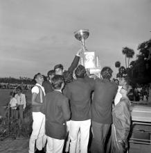 The hosts proudly hoist the General Championship trophy at the Eighth Inter-IIT Sports Meet, 1970