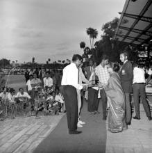 Mrs. Iengar awards a trophy at the Eighth Inter-IIT Sports Meet in IIT Madras, 1970