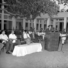 Prof. A. Ramachandran addresses an audience as Prof. R. G. Narayanamurthi and students look on, 1968