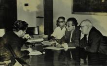 Mr. H. Westphal explaining a point to Prof. B. Sengupto, 1965