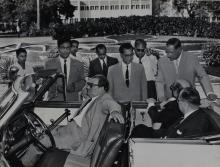 Mr. Hans Lenz (seated in the front of the car) is received outside the Building Sciences Block at the IIT Madras campus