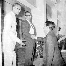 Prof. A. Ramachandran is received by Prof. B. Sengupto and Mr. C. V. Sethunathan
