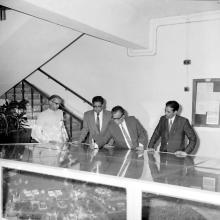 Prof. B. Sengupto introducing the 3D model of the campus to Prof. A. Ramachandran during the transfer of charge for the post of Director, 1967