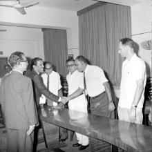 Prof. A. Ramachandran greeting faculty and staff members of IIT Madras as Prof. B. Sengupto looks on