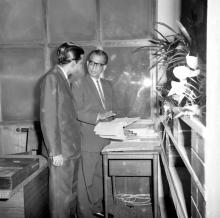 Prof. B. Sengupto explaining a point to Prof. A. Ramachandran during the transfer of charge for the post of Director, 1967