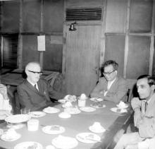 Prof. B. Sengupto converses with Lord Fenner Brockway over refreshments