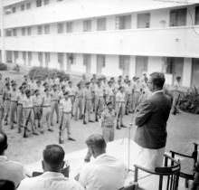 Prof. B. Sengupto addressing cadets at NCC camp, 1965