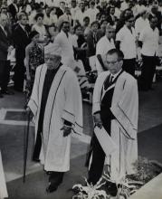 Dr. A. L. Mudaliar and Prof. B. Sengupto arrive with the academic procession, as the audience stands up for them, 1967