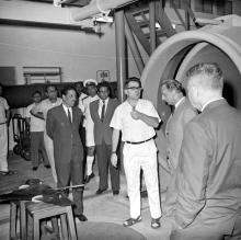 Prof. Armin Klein briefs the gathering about the wind tunnel during the visit of Mr. J. R. D. Tata, 1969
