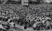 A view of the audience gathered at the Open Air Theatre (OAT) for the fourth convocation, 1967