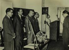 The panel members stand during the invocation at the beginning of the valedictory function of the Short Term Course in High Vacuum Technology 