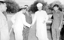 Dr. S. Radhakrishnan being received by Prof. B. Sengupto, Mr. R. Natarajan and Commodore Rabinder Nath Batra 