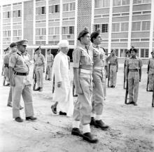 Dr. S. Radhakrishnan inspects the Guard of Honour along with 2/Lt. G. V. N. Rayudu in front of Humanities and Sciences Block